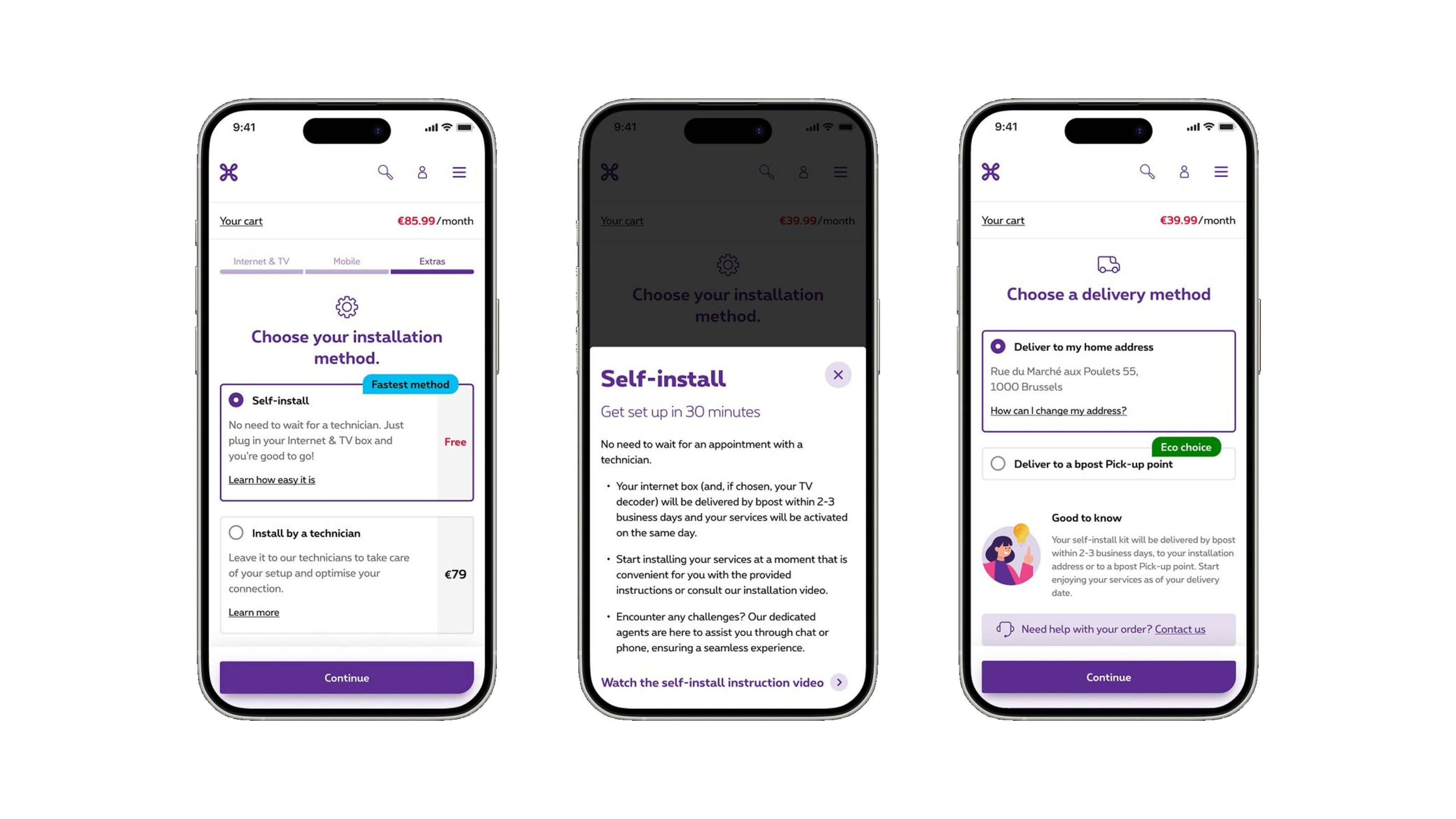 Self-installation flow showing eligibility-aware options and step-by-step guidance