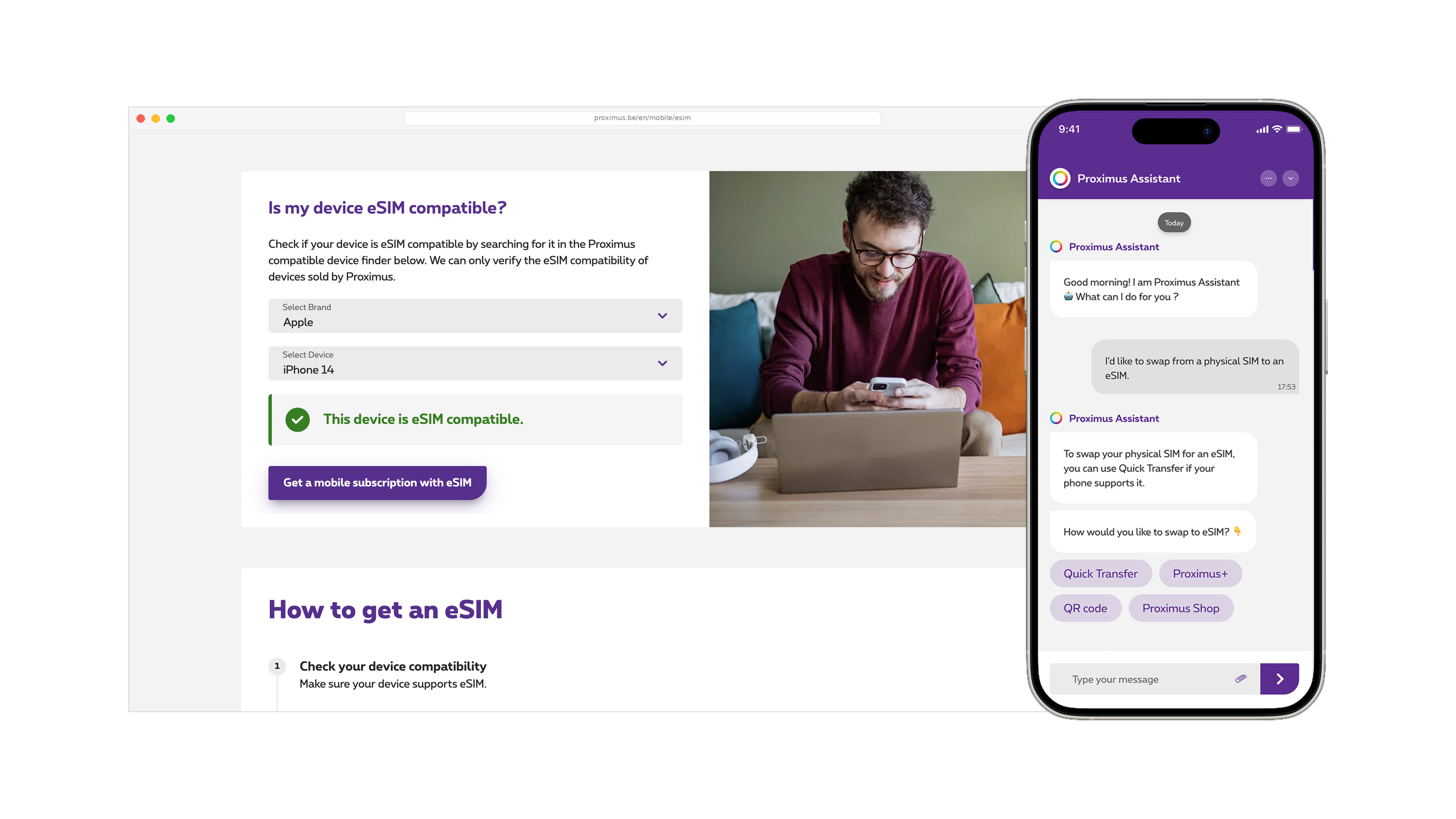 eSIM landing page and digital support flows integrated into the Proximus virtual assistant